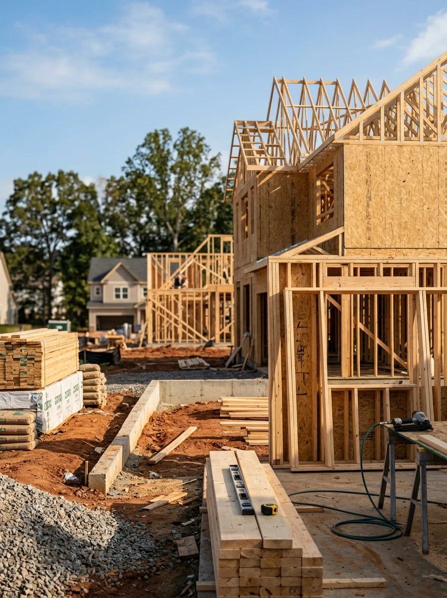 New construction home framing in Indian Trail with residential development in background