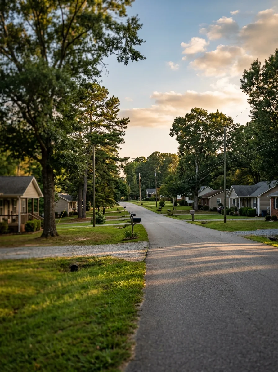 Rural Lawndale North Carolina residential neighborhood with homes and green landscape