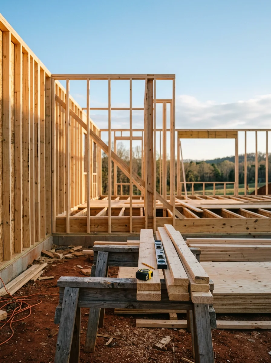 New home construction framing in Mooresboro, NC with quality materials and professional workmanship