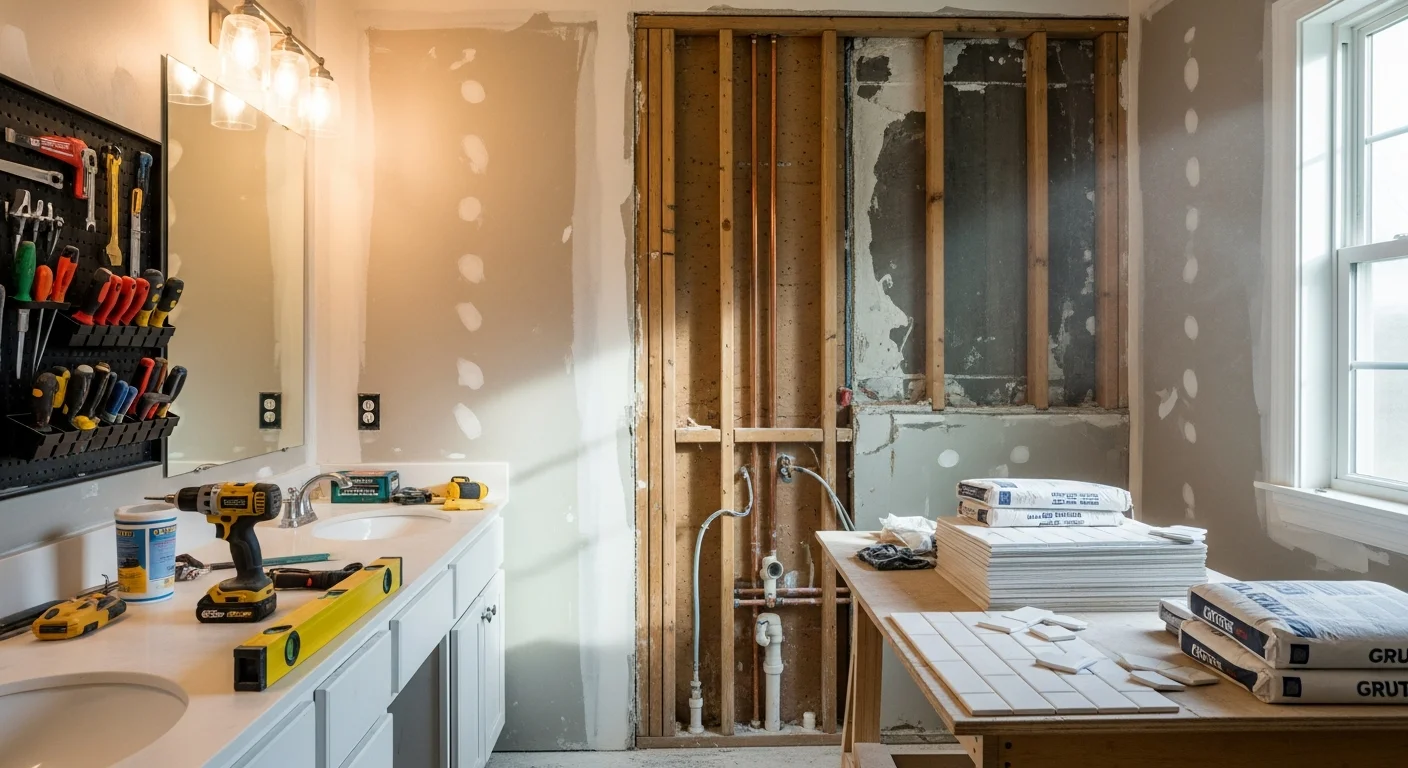 Finished bathroom remodel in a Cherryville, NC home showing a tiled walk-in shower, updated vanity with dual sinks, and new flooring. The space reflects a full gut renovation typical of older traditional-style homes in the Cherryville area.