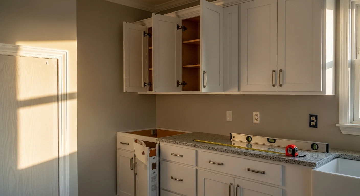 Newly installed white shaker base and wall cabinets in a Cherryville, NC kitchen with open-concept layout. Cabinet doors are aligned and hardware is set, showing a finished installation in a single-family home.