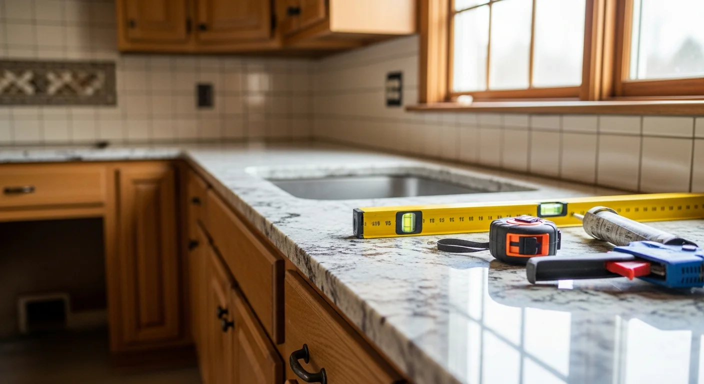 Newly installed kitchen countertop in a single-family home in Cherryville, NC, showing clean edge profiles and a fitted sink cutout. The updated surface contrasts with original wood cabinetry typical of mid-century homes in the area.