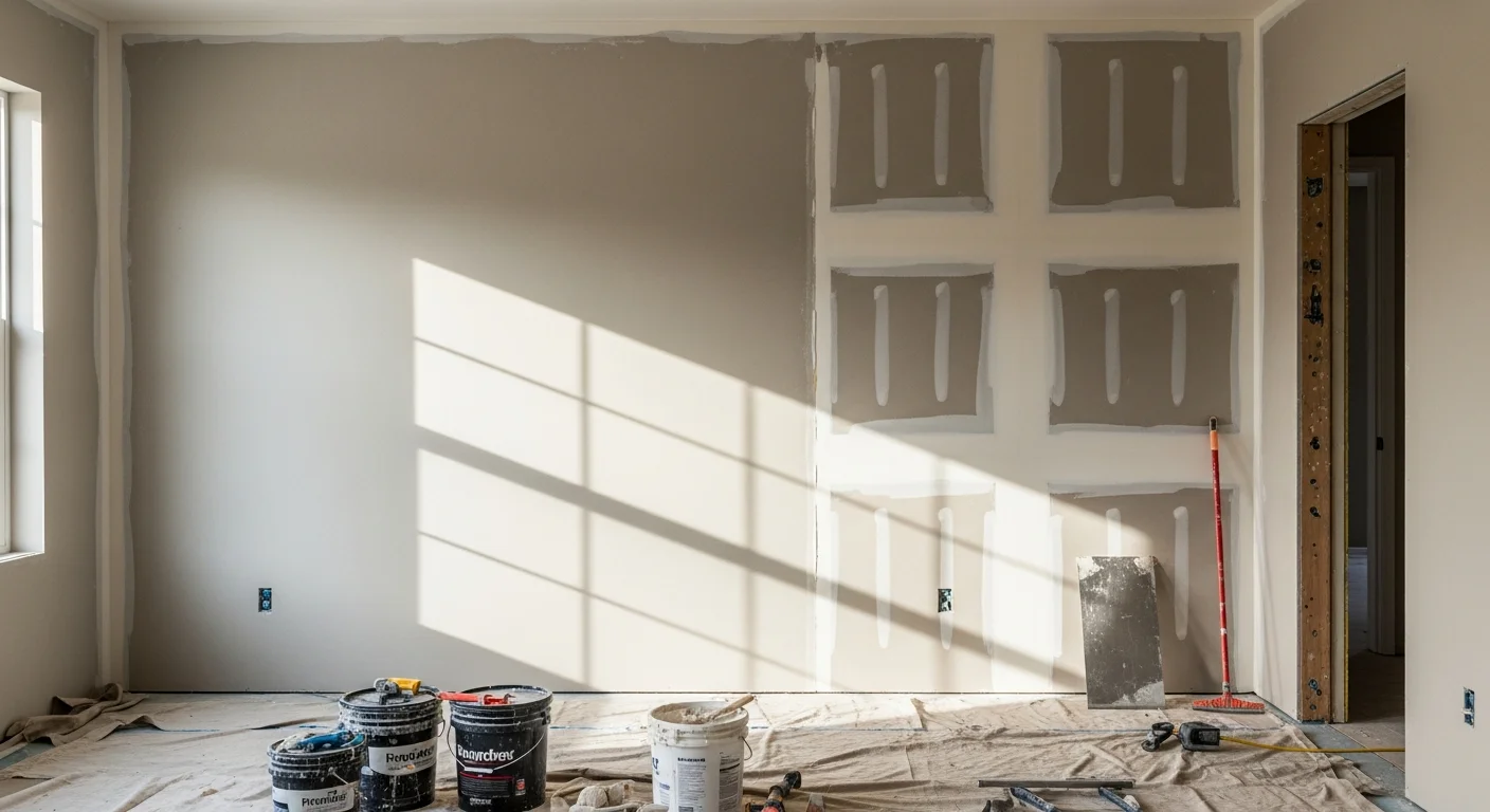 A freshly finished interior wall in a Cherryville, NC home showing smooth, sanded drywall ready for paint with clean taped seams and no visible joints. A general contractor's tools and compound trays are visible on the floor nearby.