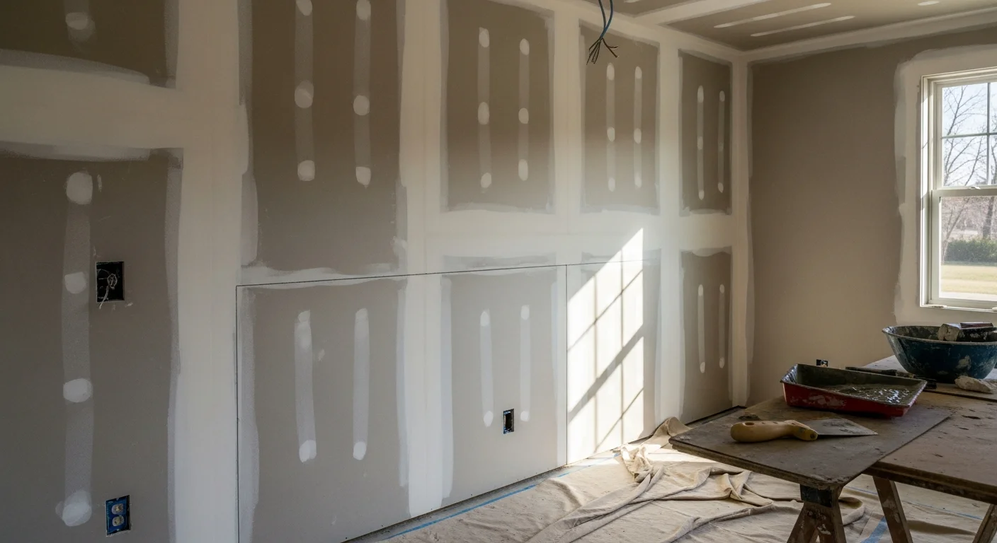 A freshly installed and taped drywall interior in a single-family home in Cherryville, NC, with smooth joint lines ready for primer and paint. The room shows clean wall and ceiling panels with no visible seams or fastener marks.