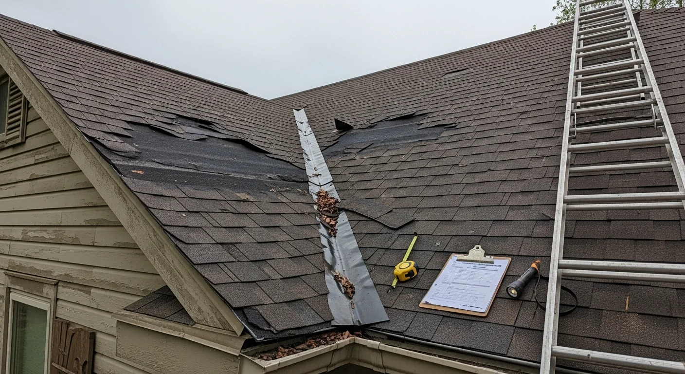A Cherryville residential roof with storm damage showing lifted shingles and exposed decking after a high-wind event. An Arka Construction crew member inspects the damaged section from a ladder against the home.