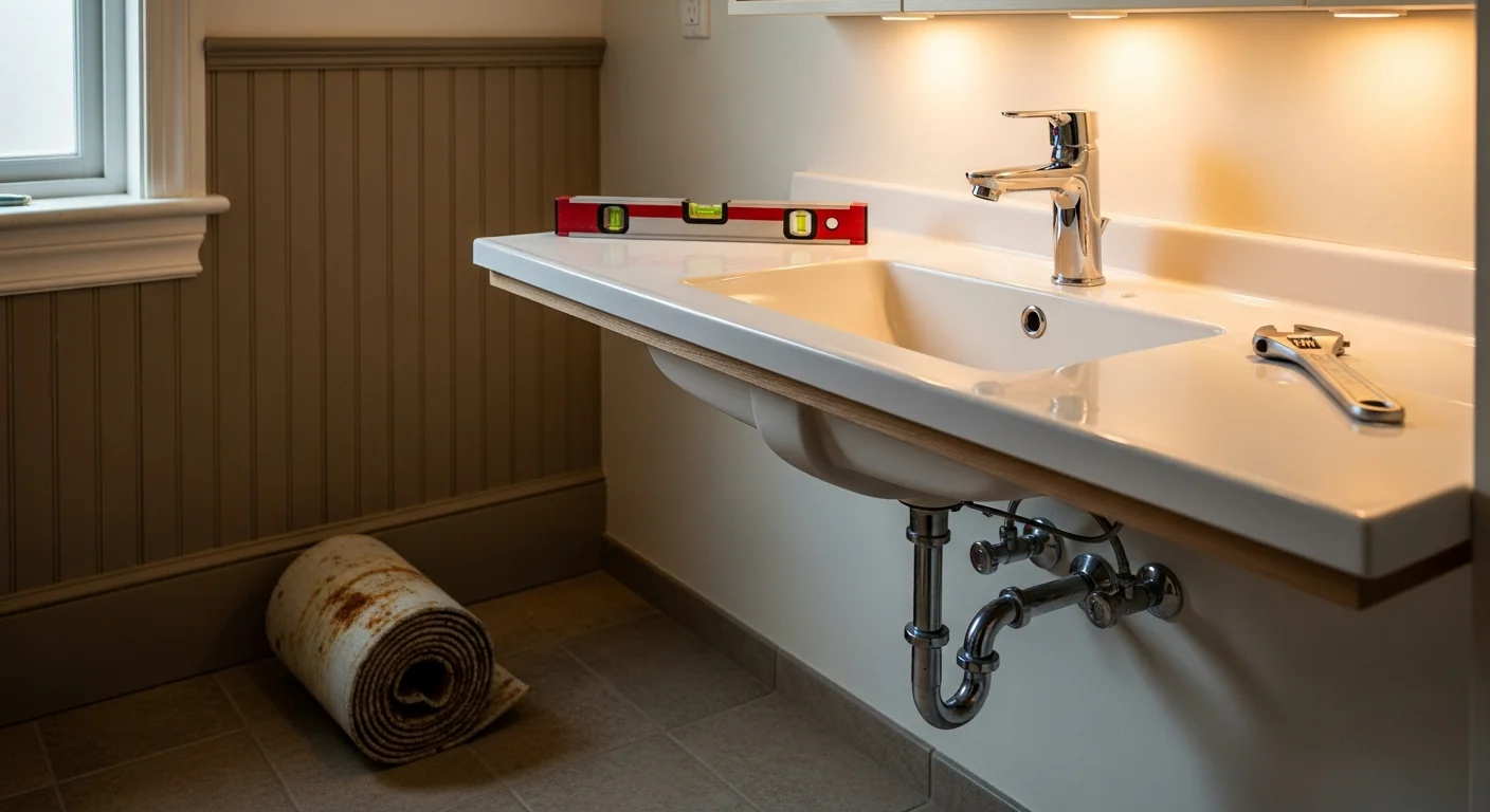 A newly installed bathroom faucet and sink vanity in a renovated Cherryville, NC home, showing clean chrome hardware and updated connections. The surrounding tile and countertop reflect a finished fixture replacement project completed by Arka Construction.