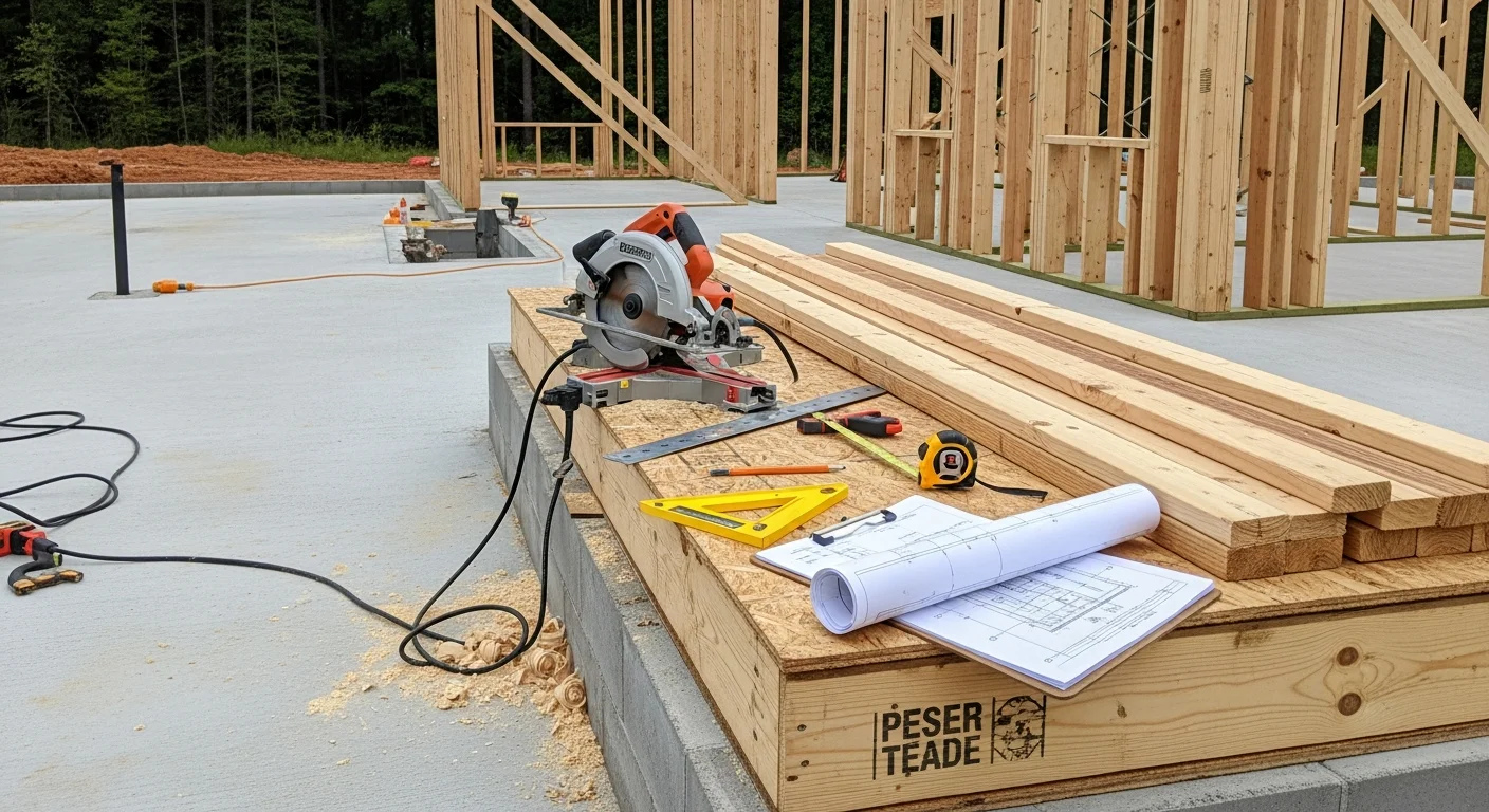 Wood wall framing in progress on a new residential construction site in Cherryville, NC, showing vertical studs, header beams, and floor platform under a clear sky. A general contractor reviews structural plans on site while framing crews work in the background.