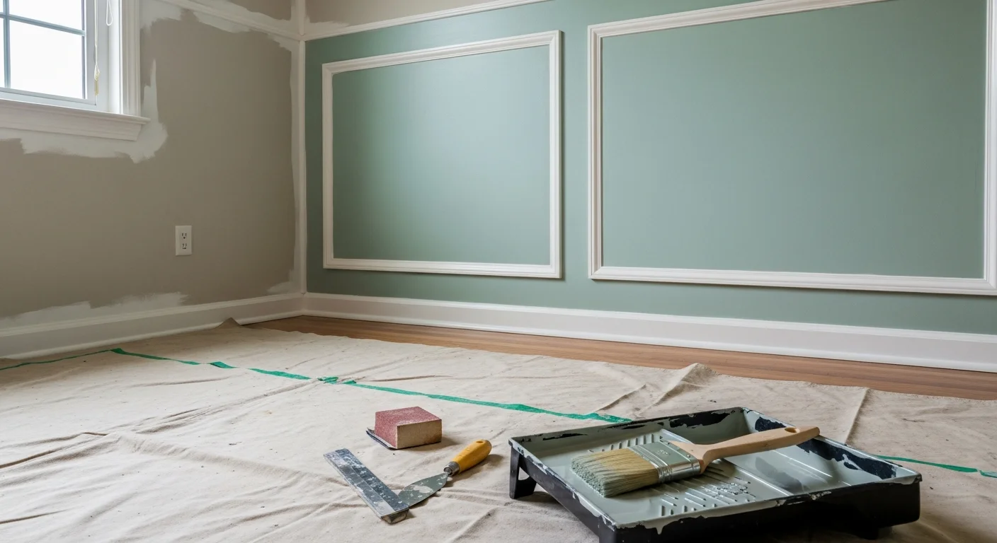 A freshly painted living room interior in a Cherryville, NC ranch-style home, showing clean white walls, painted trim, and consistent coverage from floor to ceiling. The room is empty and well-lit, showing the finished paint work on all four walls.