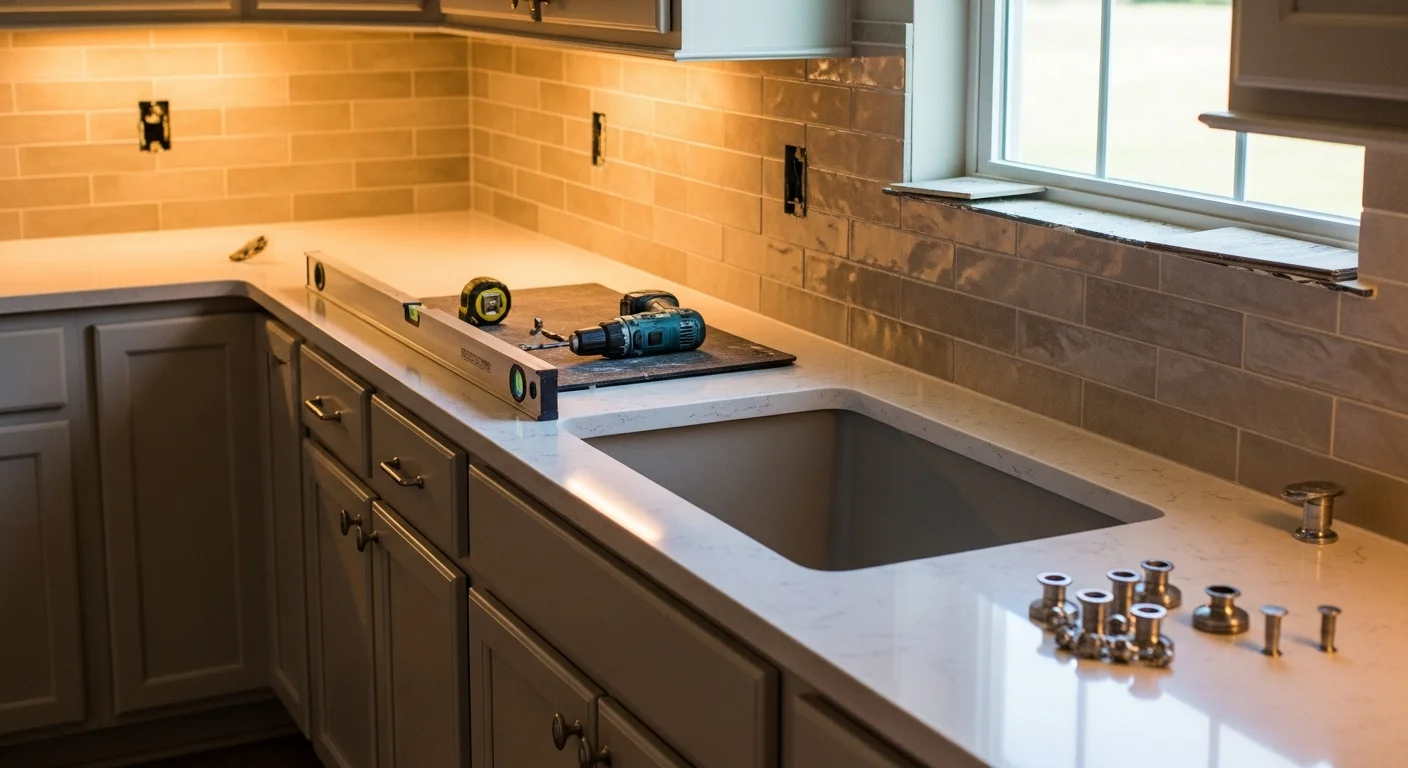 Remodeled kitchen interior in a Cherryville, NC single-family home showing new cabinet installation, updated countertops, and recessed lighting. The finished space reflects a practical layout suited to a ranch-style home common in Cherryville's residential areas.