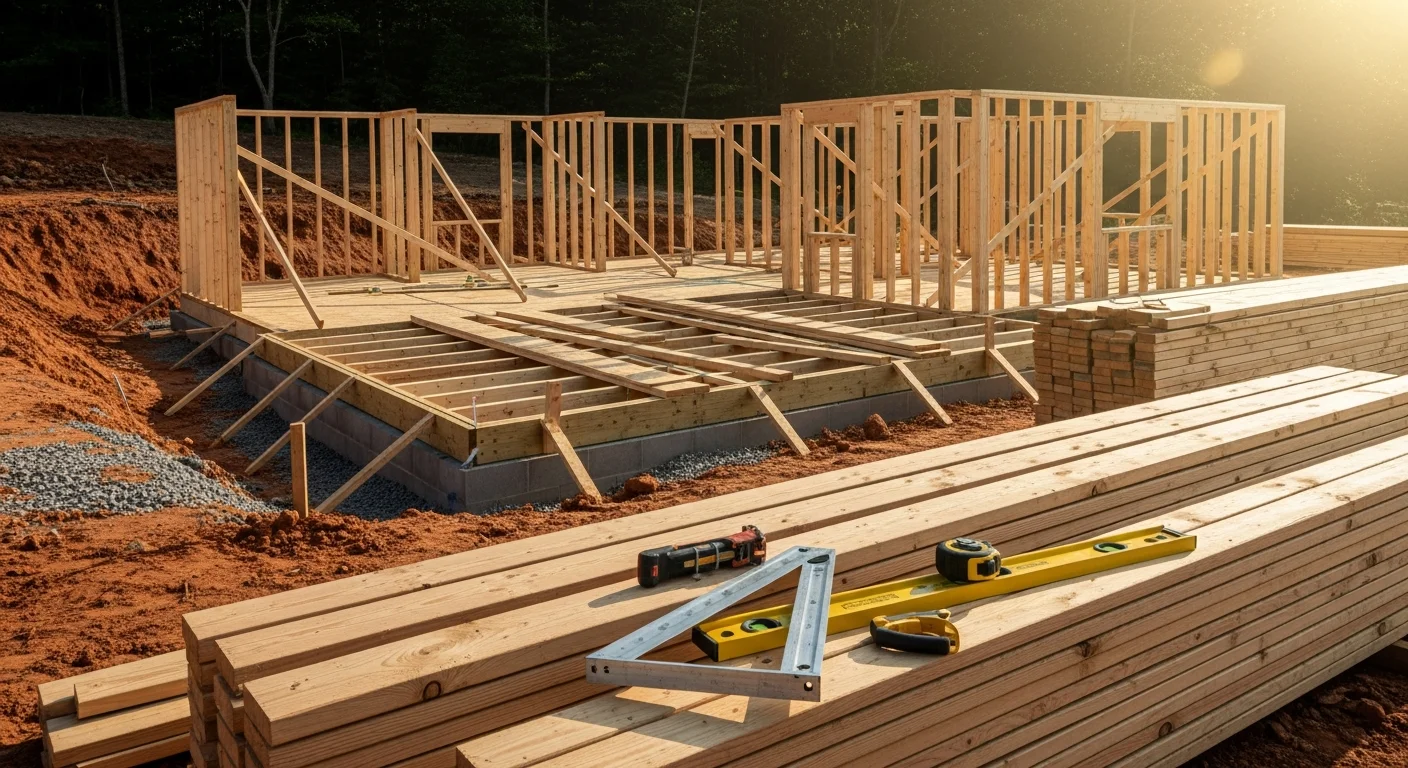 A newly framed single-family home under construction on a residential lot in Cherryville, NC, with exposed wood framing and a concrete foundation visible. A general contractor reviews plans on site with the structure and surrounding trees in the background.