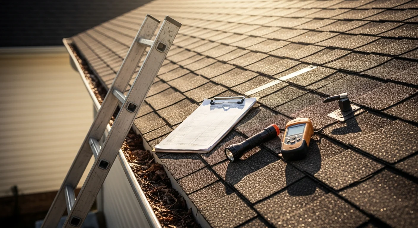 An Arka Construction roofer inspecting the shingles and flashing on a single-family home in Cherryville, NC. The inspector examines the roof surface up close, with a residential neighborhood visible in the background.