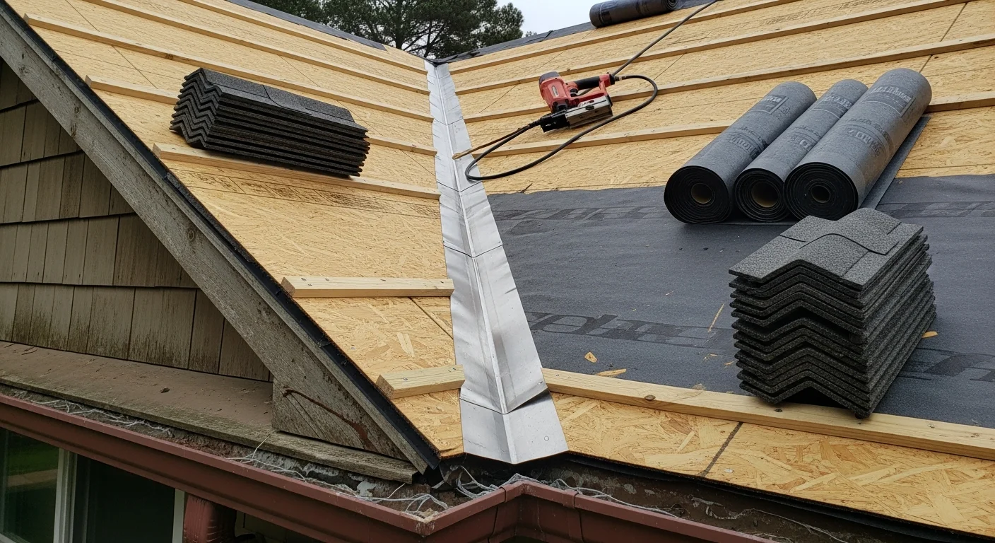 A newly installed roof on a single-family home in Cherryville, NC, with clean shingle lines and finished flashing along the edges and ridge. The surrounding yard shows a typical Cherryville residential street with mature trees in the background.