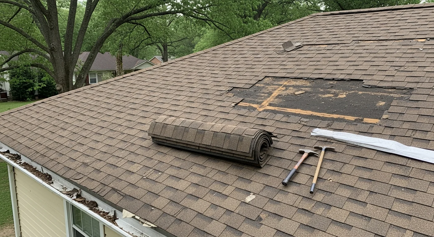 A Cherryville, NC residential roof with repaired shingles and sealed flashing on a single-family home. Close-up view shows a patched section where storm damage was addressed by Arka Construction.