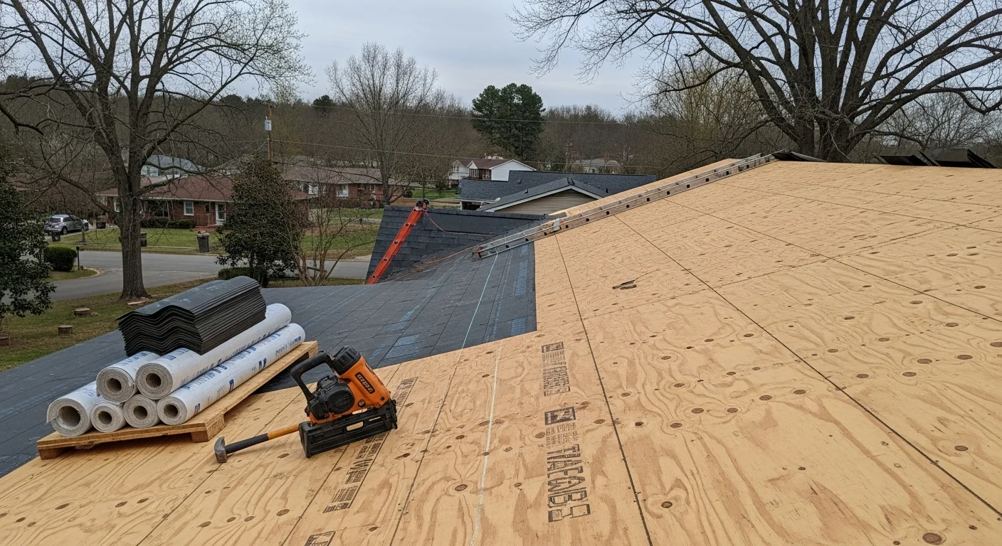 A Cherryville, NC single-family home with a completed roof replacement showing new roofing material installed across the full slope and ridge. The surrounding mature trees and ranch-style exterior are typical of established Cherryville neighborhoods.