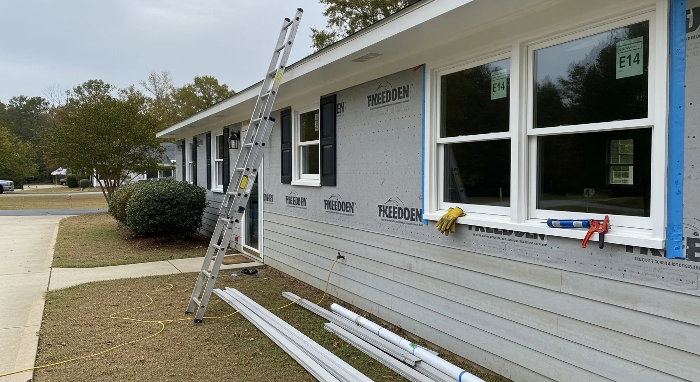 Freshly installed siding on a single-family home in Cherryville, NC, showing clean panel lines and a finished exterior. The home sits in a residential neighborhood typical of the Cherryville area, with mature trees visible in the background.