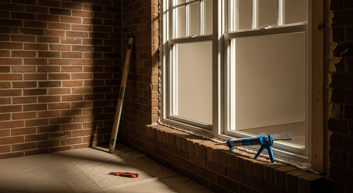 A freshly installed double-pane window on the front exterior of a single-family home in Cherryville, NC, with clean trim work and a tight frame seal visible against the brick siding.